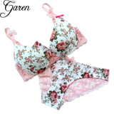 Famous Brand Sexy High Quality Women Print Bra set Silk Lace Flower Push up Big size Underwear Bow Bra and Hollow out Panties