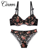 Famous Brand Sexy High Quality Women Print Bra set Silk Lace Flower Push up Big size Underwear Bow Bra and Hollow out Panties