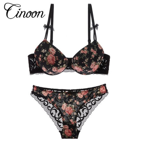 Famous Brand Sexy High Quality Women Print Bra set Silk Lace Flower Push up Big size Underwear Bow Bra and Hollow out Panties