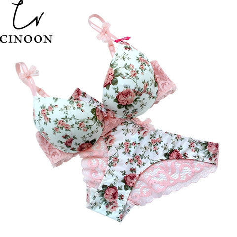 Famous Brand Sexy High Quality Women Print Bra set Silk Lace Flower Push up Big size Underwear Bow Bra and Hollow out Panties