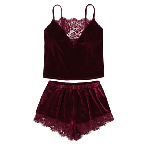 SHEIN 2018 Lace Trim Velvet Cami Shorts Pajamas Set Women Burgundy Plain Spaghetti Strap Sleeveless Sexy Summer Sleepwear