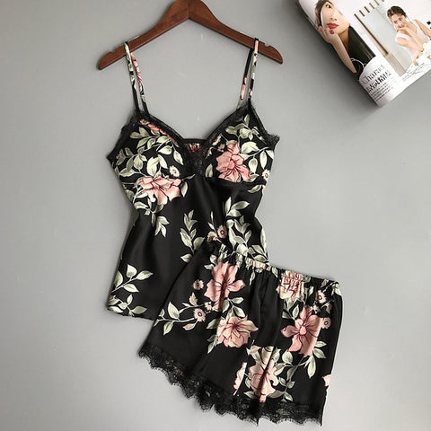 QWEEK Sleep Lounge Pajama Set Sexy Satin Sleepwear Women Summer Pyjama Femme Fashion Flower Pajamas for Women with Chest Pad