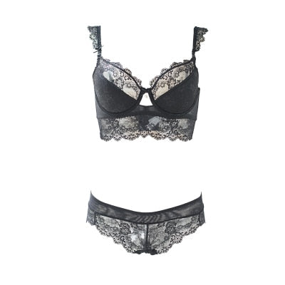 Sexy Mousse Women Sexy Bra Set Ultra-thin Red Black Lace Bras Underwear Push up Bra and Panties Set Cup A B C D
