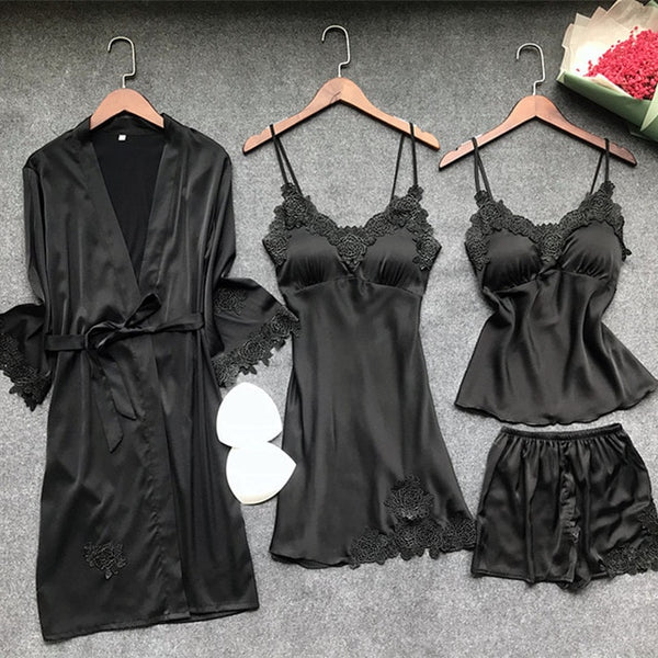 Satin Sleepwear Female with Chest Pads Sexy Women Pajamas Lace Slik Sleep Lounge 4 Pieces Sets Elegant Ladies Indoor Clothing
