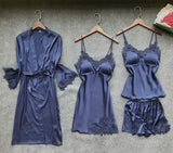 Satin Sleepwear Female with Chest Pads Sexy Women Pajamas Lace Slik Sleep Lounge 4 Pieces Sets Elegant Ladies Indoor Clothing