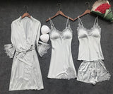 Satin Sleepwear Female with Chest Pads Sexy Women Pajamas Lace Slik Sleep Lounge 4 Pieces Sets Elegant Ladies Indoor Clothing