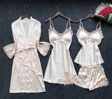 Satin Sleepwear Female with Chest Pads Sexy Women Pajamas Lace Slik Sleep Lounge 4 Pieces Sets Elegant Ladies Indoor Clothing