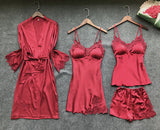 Satin Sleepwear Female with Chest Pads Sexy Women Pajamas Lace Slik Sleep Lounge 4 Pieces Sets Elegant Ladies Indoor Clothing