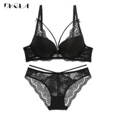 New Green Underwear Set Women Bra Push Up Brassiere Cotton Thick Black Gather Sexy Bra Panties Sets Embroidery Lace Lingerie Set