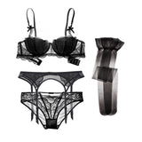 Varsbaby sexy lace push up underwear set half cup bra+panties+garter+stockings 4 pcs for women