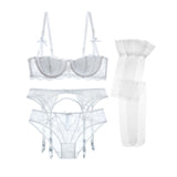 Varsbaby sexy lace push up underwear set half cup bra+panties+garter+stockings 4 pcs for women