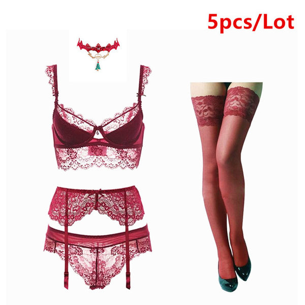 Varsbaby sexy lace push up bra sets bra+panties+garter+stockings+necklace Christmas 5 Pcs/Lots