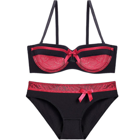 CINOON Sexy Lingerie Lace Bra Set Push Up Underwear Bow Lingerie Sets Fashion Women Intimates 1/2 Thin Cup Bra And Panties