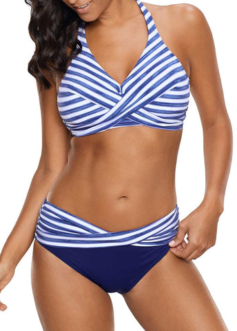 2018 Women's Sexy Backless Striped Twist Front Crossed Tankini Halter Swimsuit Retro Bathing Suits Plus Size Bathing Suit 5XL