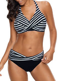 2018 Women's Sexy Backless Striped Twist Front Crossed Tankini Halter Swimsuit Retro Bathing Suits Plus Size Bathing Suit 5XL