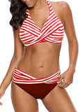 2018 Women's Sexy Backless Striped Twist Front Crossed Tankini Halter Swimsuit Retro Bathing Suits Plus Size Bathing Suit 5XL