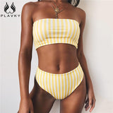 PLAVKY 2019 Retro Sexy Yellow Striped Strapless Bandeau Biquini Cut High Waist Swim Bathing Suit Swimsuit Swimwear Women Bikini