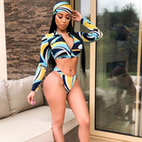 Sexy Women Long Sleeves Zipper Tankinis Swimsuit Bikini Swimwear 3 Pieces Set S-XL Printed Summer