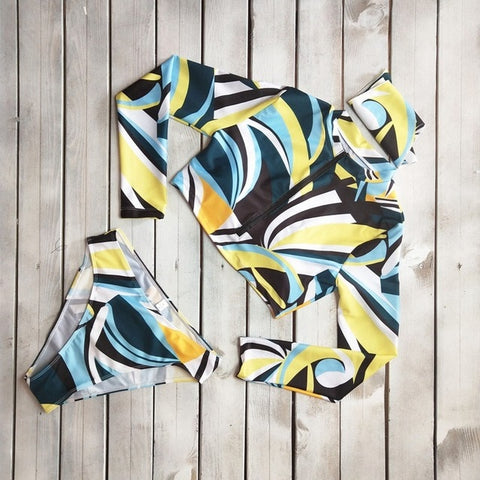 Sexy Women Long Sleeves Zipper Tankinis Swimsuit Bikini Swimwear 3 Pieces Set S-XL Printed Summer