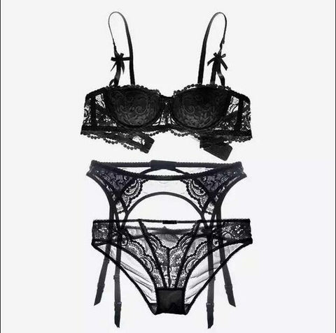 CINOON New plus size women sexy bra set intimates embroidery half cup lingerie thin temptation  and panty with Garters Sets
