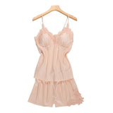Satin Sleepwear Female with Chest Pads Sexy Women Pajamas Lace Slik Sleep Lounge 4 Pieces Sets Elegant Ladies Indoor Clothing
