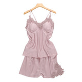 Satin Sleepwear Female with Chest Pads Sexy Women Pajamas Lace Slik Sleep Lounge 4 Pieces Sets Elegant Ladies Indoor Clothing